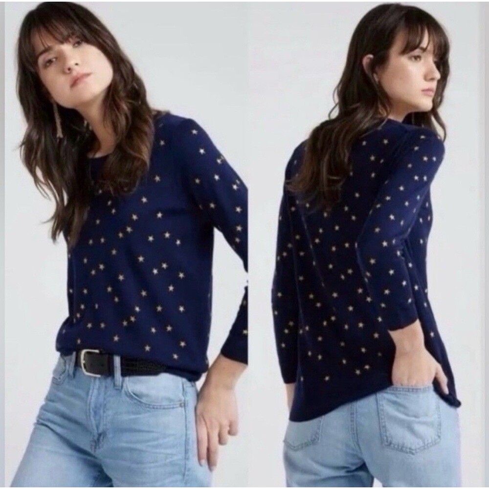 J. Crew Tippi Navy Sweater Embroidered Gold Stars 100% Merino Wool Size Small